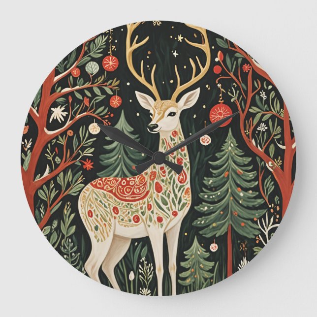 Midnight Forest Christmas Deer Large Clock (Front)