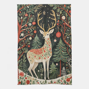 Midnight Forest Christmas Deer Tea Towel