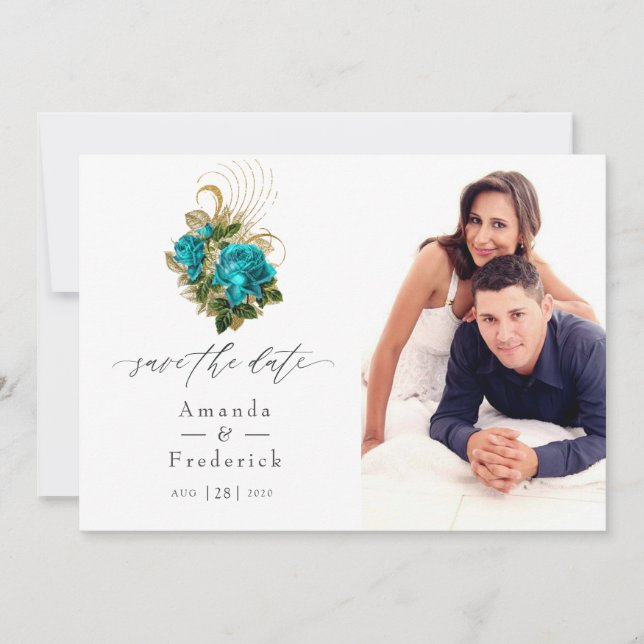 Midnight Forest Fantasy Turquoise and Gold Wedding Save The Date (Front)