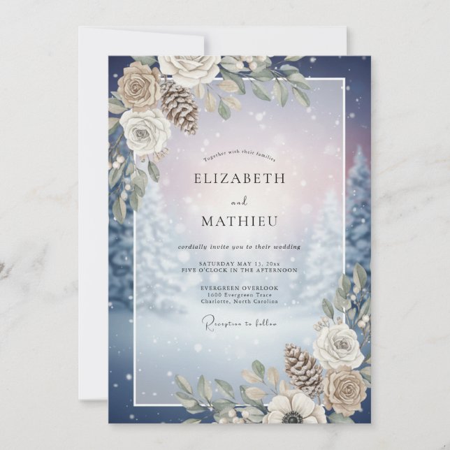 Midnight Frosted Pinecone Eucalyptus Wedding Invitation (Front)