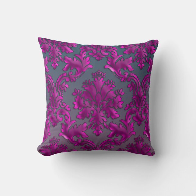Midnight Fuchsia Damask Throw Pillow (Front)