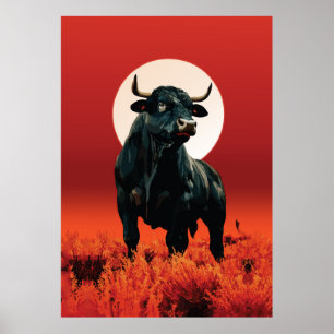 Midnight Fury – Majestic Black Bull Under Crimson Poster