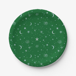 Midnight Galaxy Celestial on darker yellow green Paper Plate