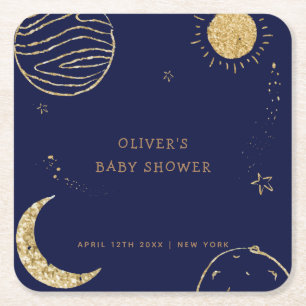 Midnight Galaxy Moon Star Boy Baby Shower Square Paper Coaster