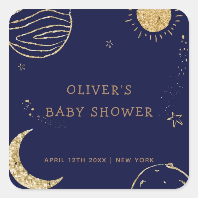 Midnight Galaxy Moon Star Boy Baby Shower  Square Sticker (Front)