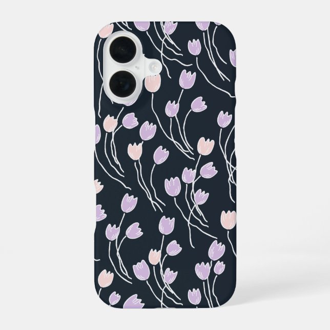 Midnight Garden Dark Navy & Lilac Sketchy Floral iPhone 16 Case (Back)