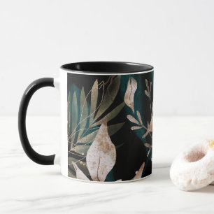 Midnight Garden: Dark Whimsical Leaves With Gold Mug