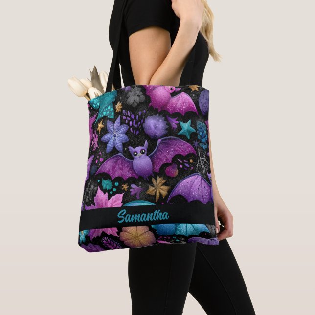 Midnight Garden Halloween Bats and Florals Tote Bag (Close Up)