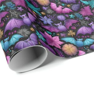Midnight Garden Halloween Bats and Florals Wrapping Paper