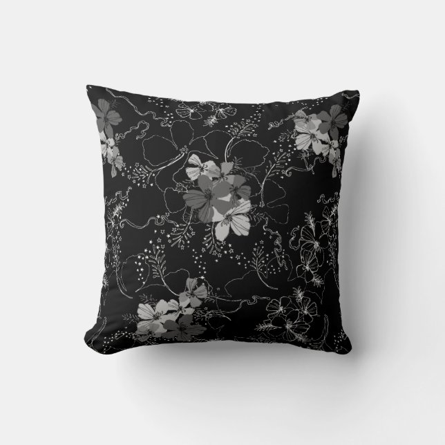 Midnight Garden Hawaiian Hibiscus Floral Cushion (Front)