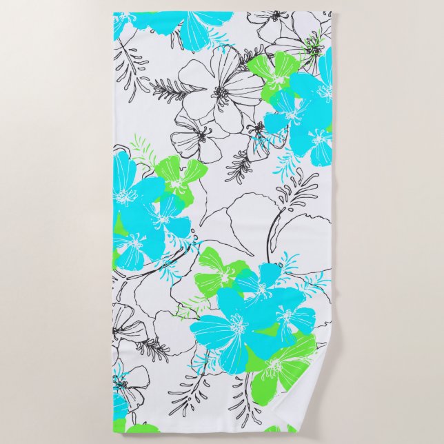 Midnight Garden Hawaiian Hibiscus Floral Turquoise Beach Towel (Front)