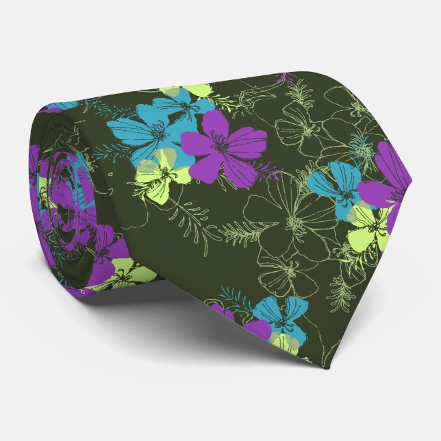 Midnight Garden Hibiscus Floral Two-sided Printed Tie (Rolled)