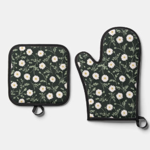 Midnight Garden Modern Farmhouse Daisy Pattern Oven Mitt & Pot Holder Set