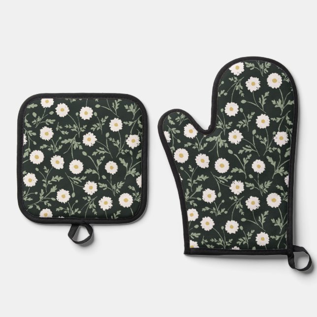 Midnight Garden Modern Farmhouse Daisy Pattern Oven Mitt & Pot Holder Set (Front)