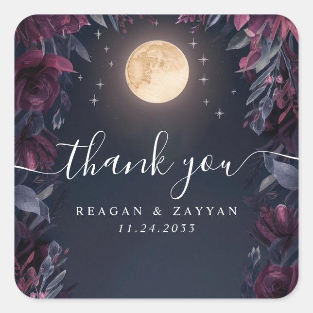 Midnight Garden Moon Wedding Thank You Square Sticker (Front)