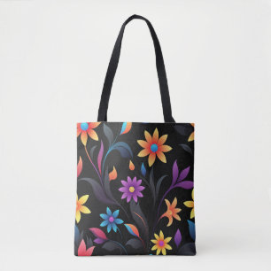 Midnight Garden: Vibrant Floral Fantasy Tote Bag