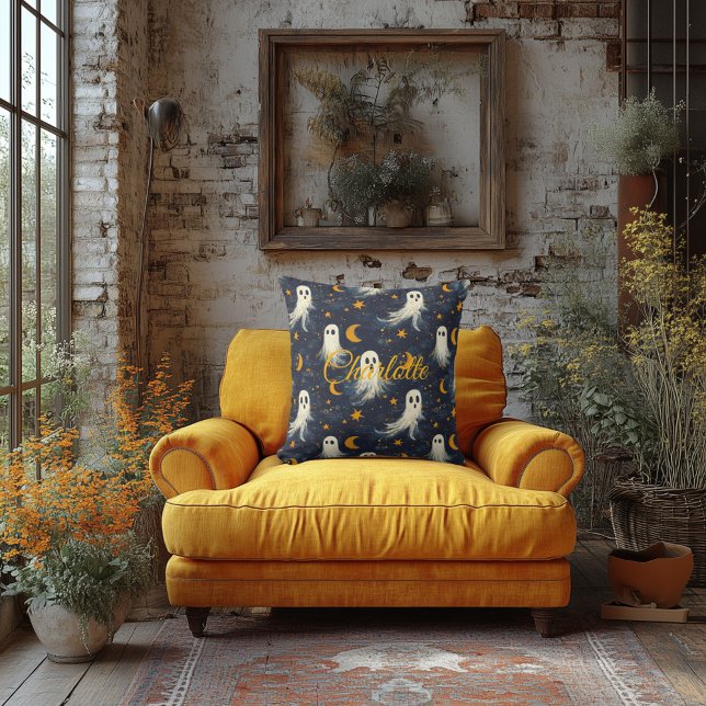 Midnight Ghosts Halloween with Celestial Motifs Cushion (Creator Uploaded)