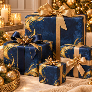 Midnight Gilded Elegance Navy Blue & Gold Wrapping Paper