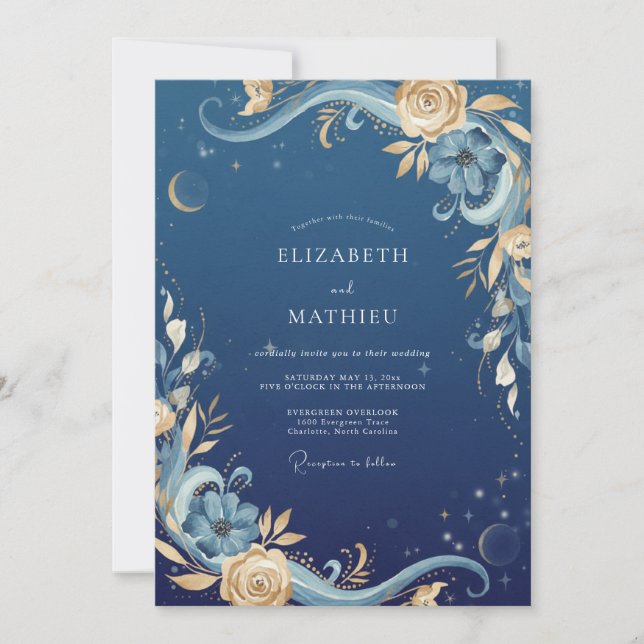 Midnight Gold Celestial Eucalyptus Wedding Invitation (Front)