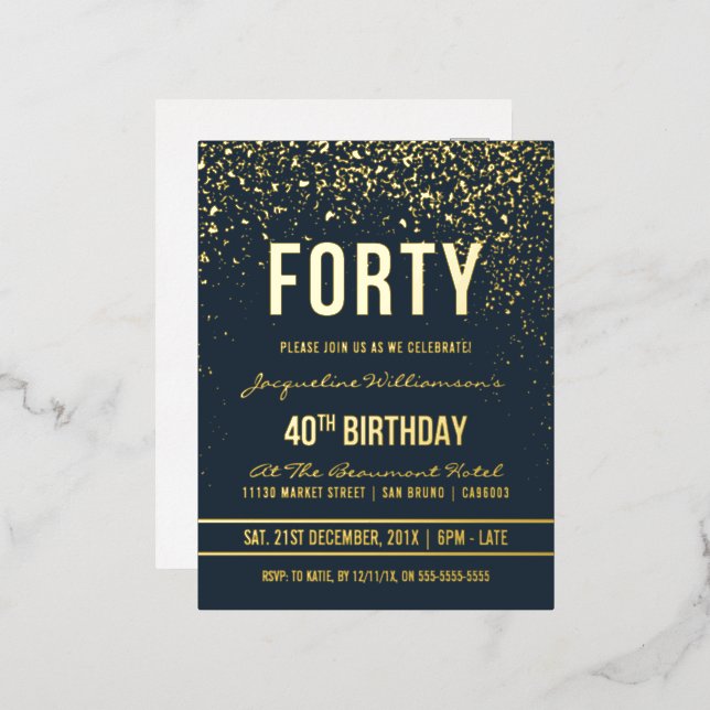 Midnight | Gold Confetti 40th Birthday Party Foil Invitation Postcard (Front/Back)
