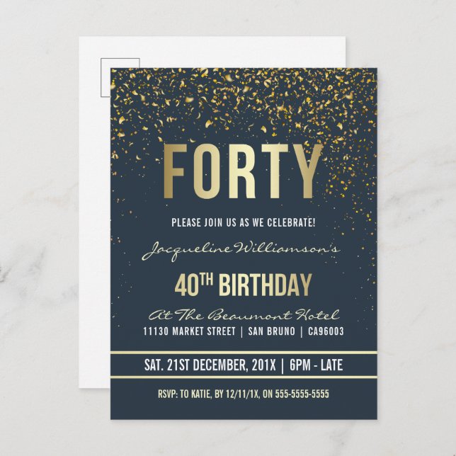 Midnight | Gold Confetti 40th Birthday Party Invitation Postcard (Front/Back)