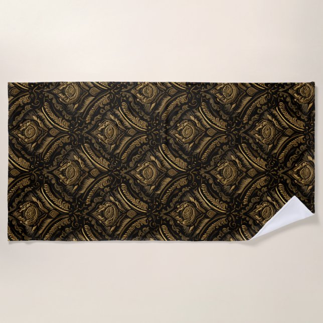 Midnight Gold Damask Elegance Beach Towel (Front)