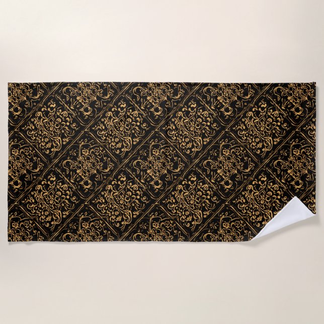 Midnight Gold Damask Elegance Beach Towel (Front)