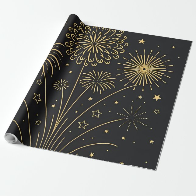 Midnight Gold Fireworks Wrapper Wrapping Paper (Unrolled)