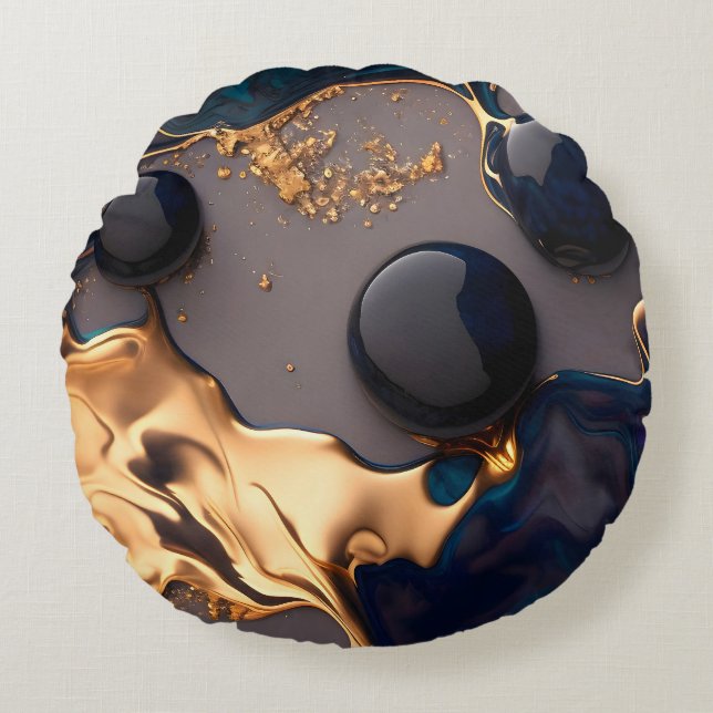 Midnight Gold Liquid Marble Round Cushion (Front)