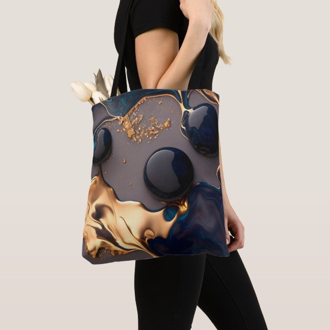 Midnight Gold Liquid Marble Tote Bag (Close Up)