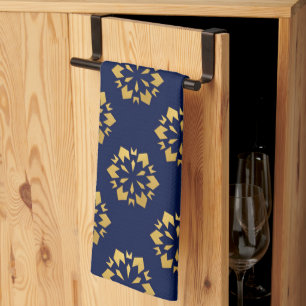Midnight Gold: Luxe Geometric Pattern on Deep Blue Tea Towel