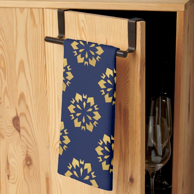 Midnight Gold: Luxe Geometric Pattern on Deep Blue Tea Towel (Thirds Fold)