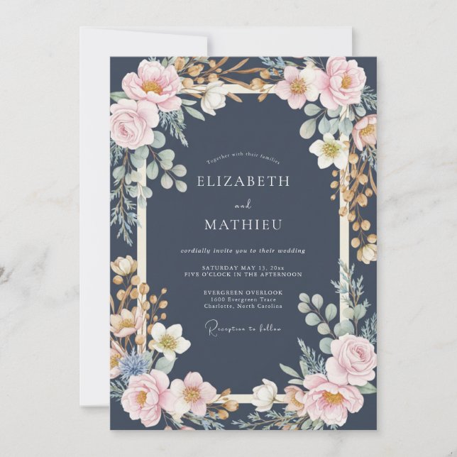 Midnight Gold Peony Wedding Invitation (Front)