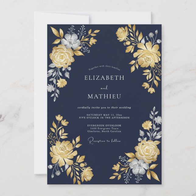 Midnight Gold Ranunculus Eucalyptus Wedding Invitation (Front)
