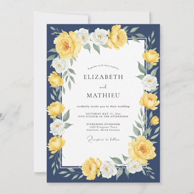 Midnight Gold Ranunculus Soft Eucalyptus Wedding Invitation (Front)