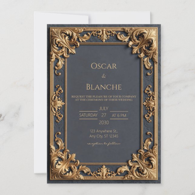 Midnight Gold Scrollwork Wedding Invitation (Front)