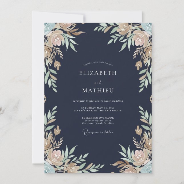 Midnight Gold Wreath Wedding Invitation (Front)