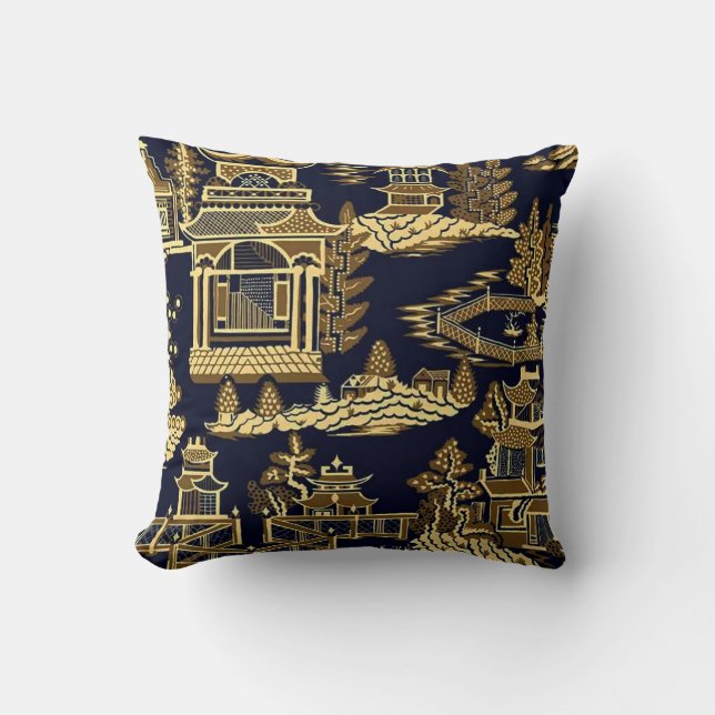 Midnight Golden Pagoda Teahouse Cushion (Front)
