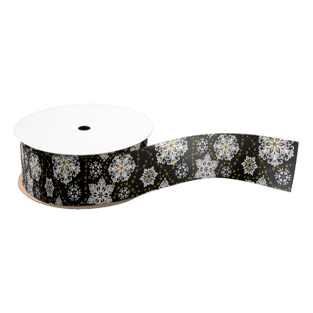 Midnight Golden Snowflakes Glam Grosgrain Ribbon (Spool)