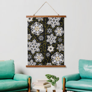 Midnight Golden Snowflakes Glam Hanging Tapestry