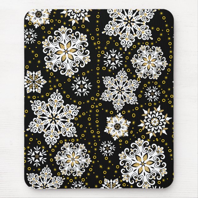 Midnight Golden Snowflakes Glam Mouse Pad (Front)