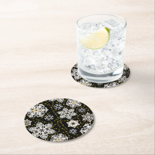 Midnight Golden Snowflakes Glam Round Paper Coaster