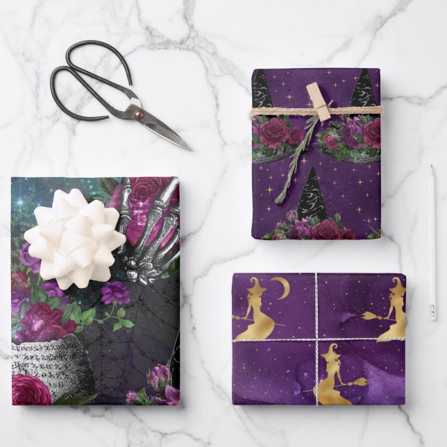 Midnight Gothic Witch and Roses Wrapping Paper Sheet (Front)