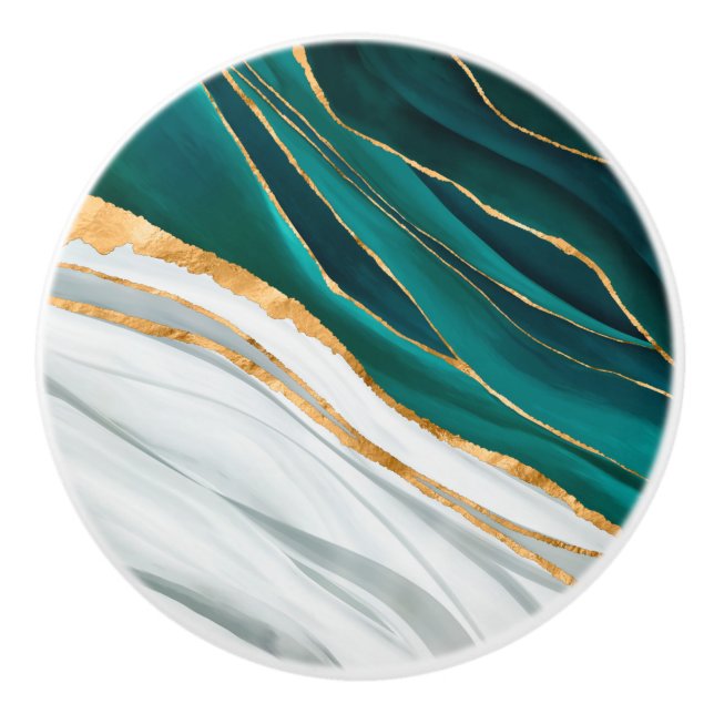 Midnight Green, Turquoise and gold watercolor Ceramic Knob (Front)