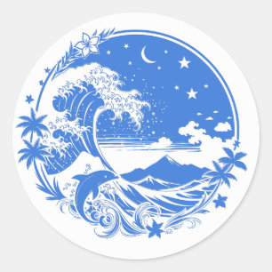Midnight Hawaii: Wave, Dolphin & Haleakala Classic Round Sticker