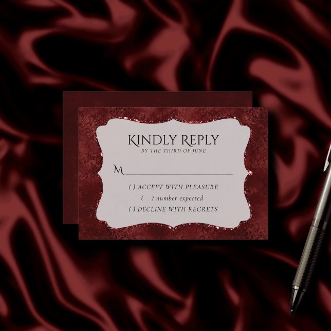 Midnight Henna Romance | Red Satiny Grunge Damask RSVP Card (Creator Uploaded)