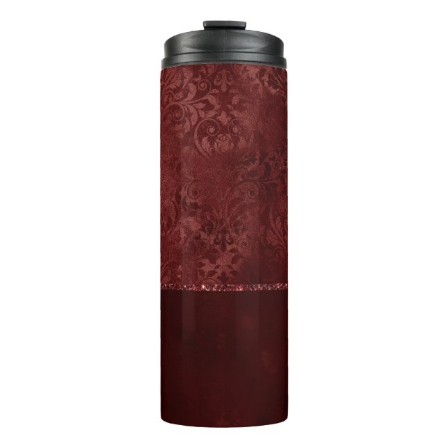 Midnight Henna Romance | Red Satiny Grunge Damask Thermal Tumbler (Front)