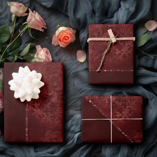 Midnight Henna Romance | Red Satiny Grunge Damask Wrapping Paper Sheet