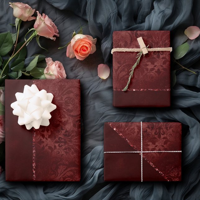 Midnight Henna Romance | Red Satiny Grunge Damask Wrapping Paper Sheet (Creator Uploaded)