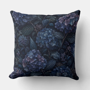 Midnight Hydrangea Throw Pillow Dark Floral